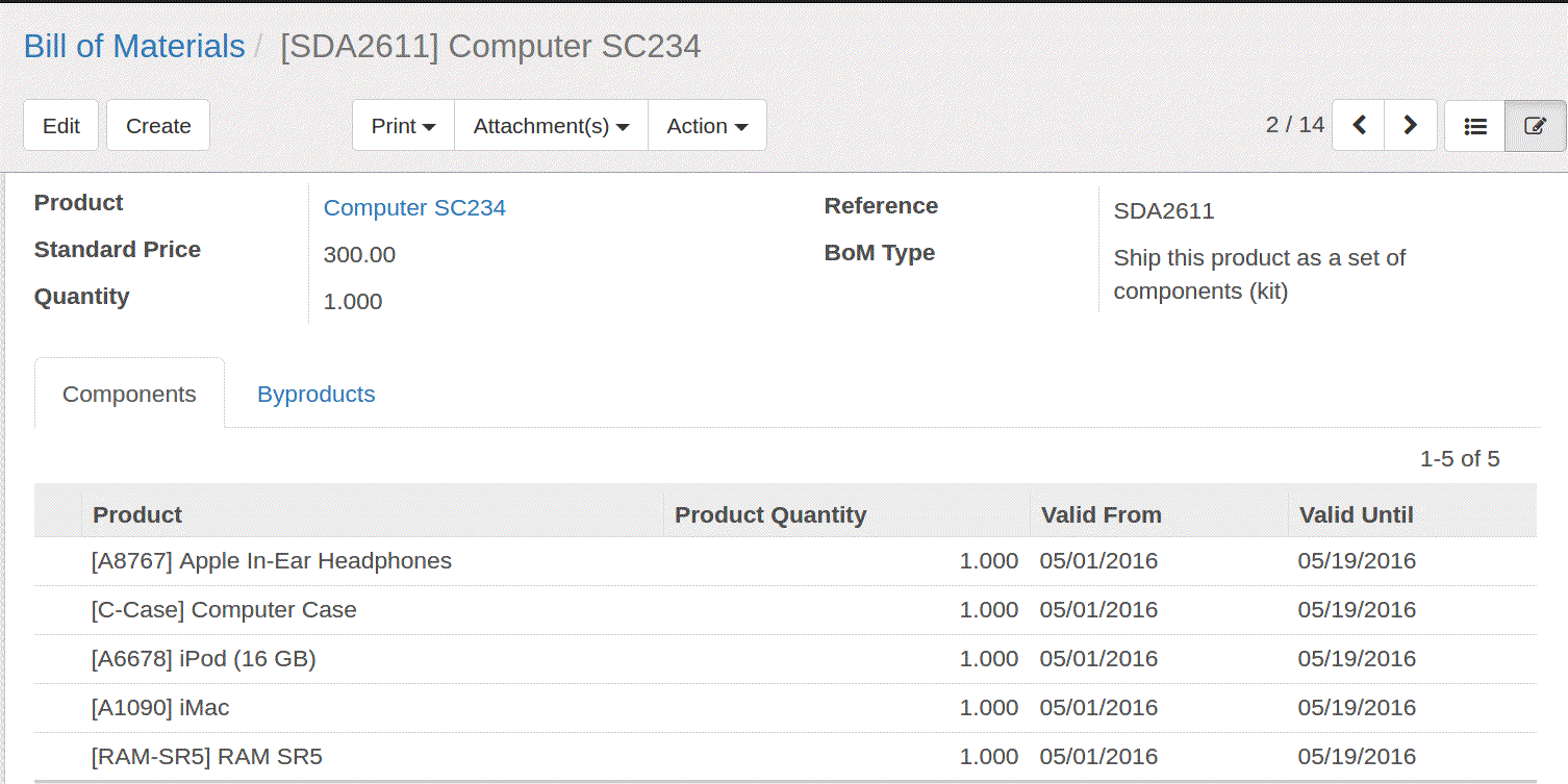 bills of materials in odoo